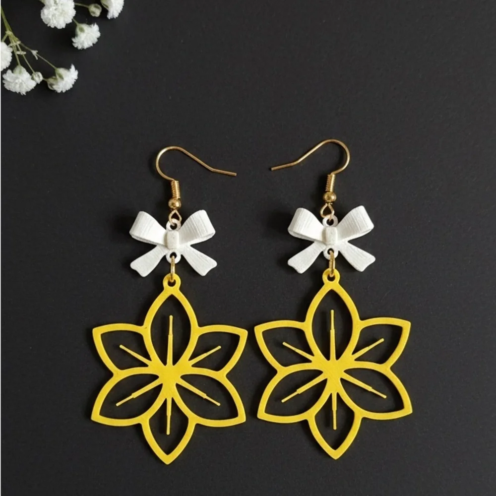 Yellow Floral Earrings with White Bow Accents